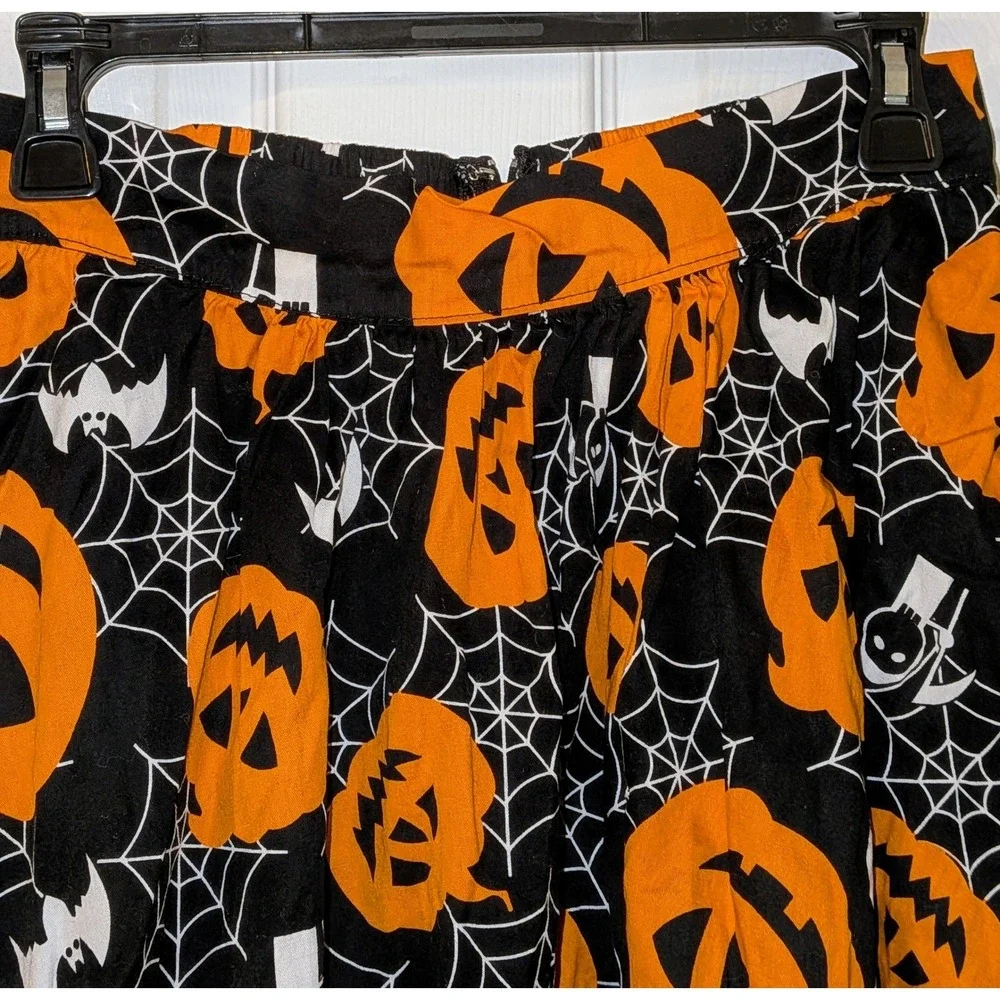 Halloween Pumpkin‎ Spiderweb Bat Print Skirt Black Orange Novelty Women Medium